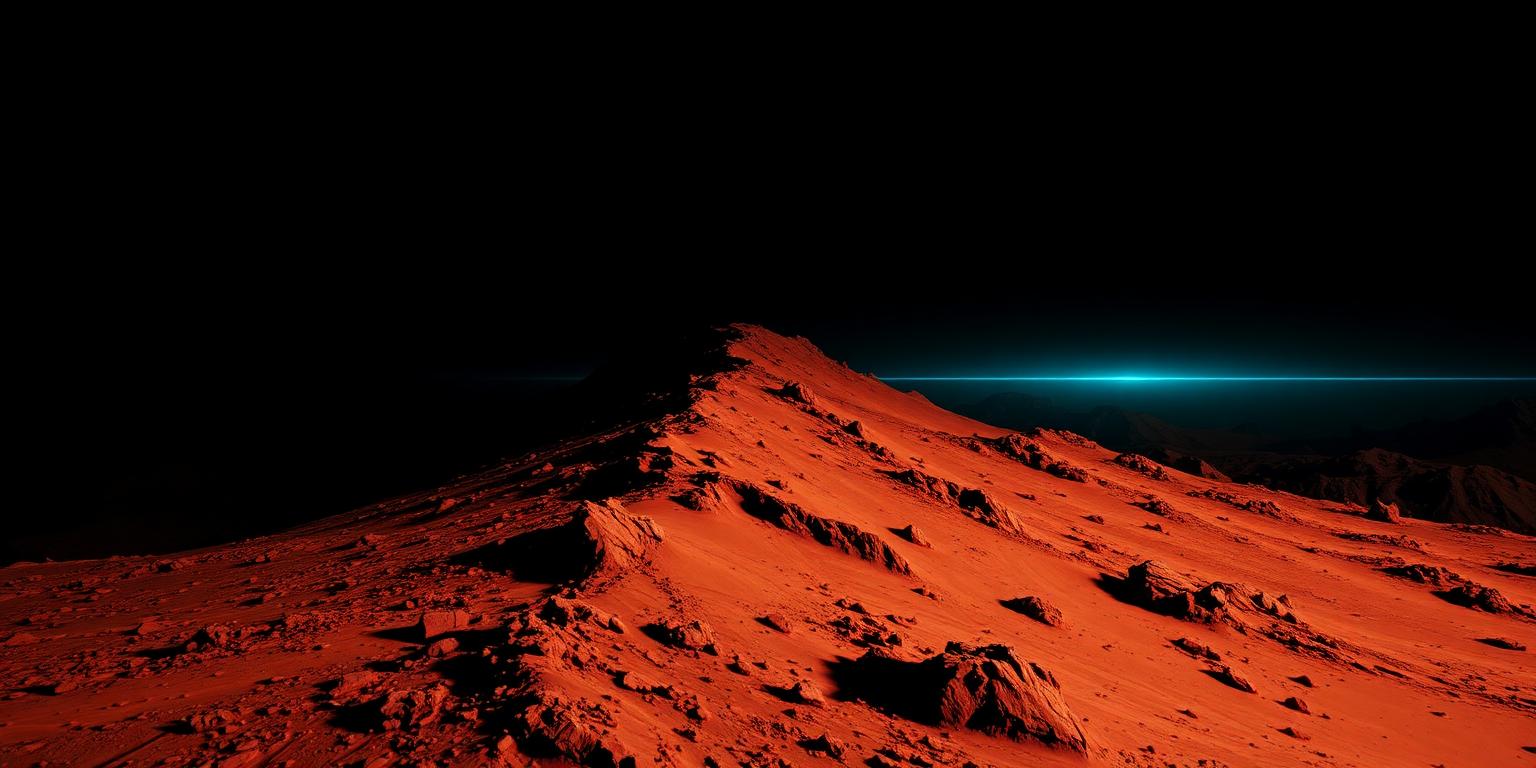 Rust-red Martian ridge glowing under a thin cyan horizon line